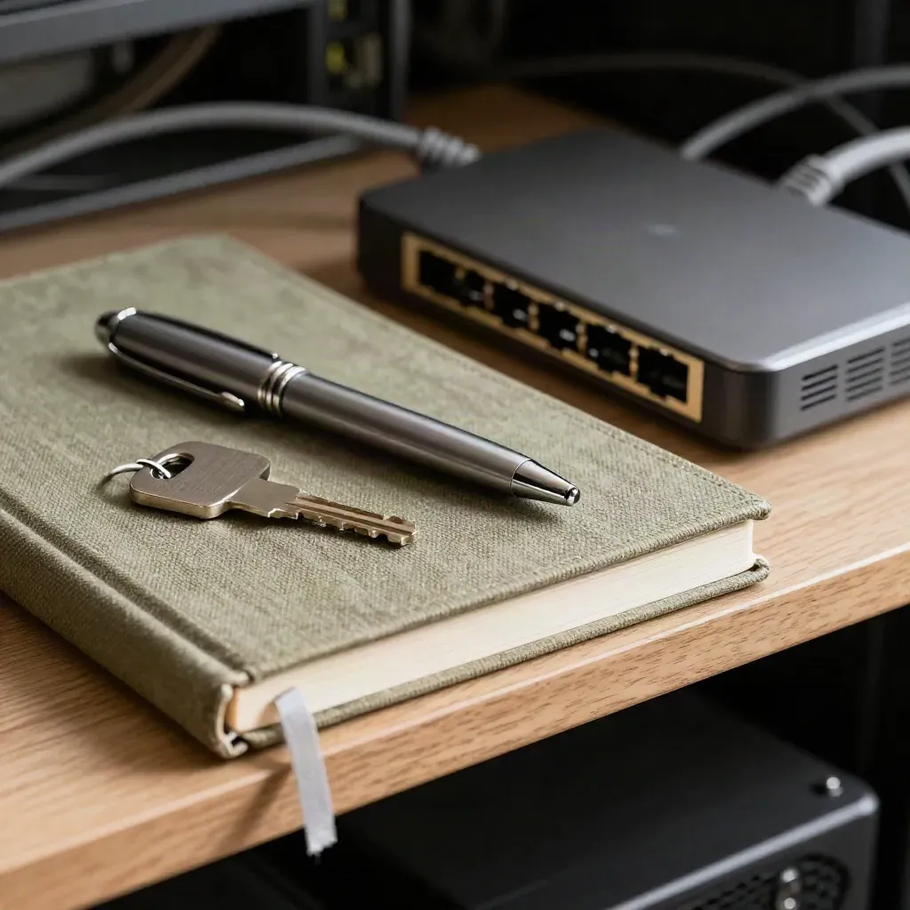 Carnet en toile, stylo métal, clé de secours et hub réseau sur étagère de serveur