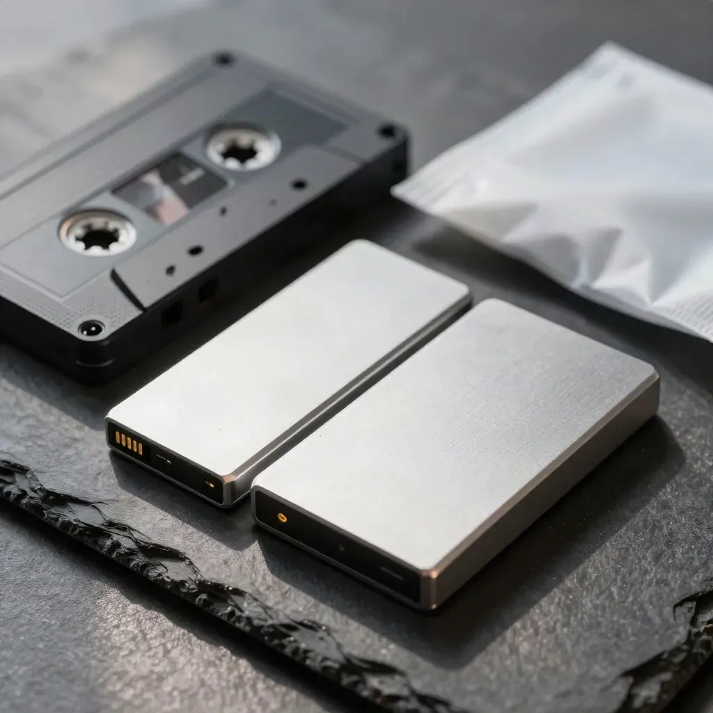 Deux SSD externes, une cassette de sauvegarde et une pochette antistatique sur pierre sombre.