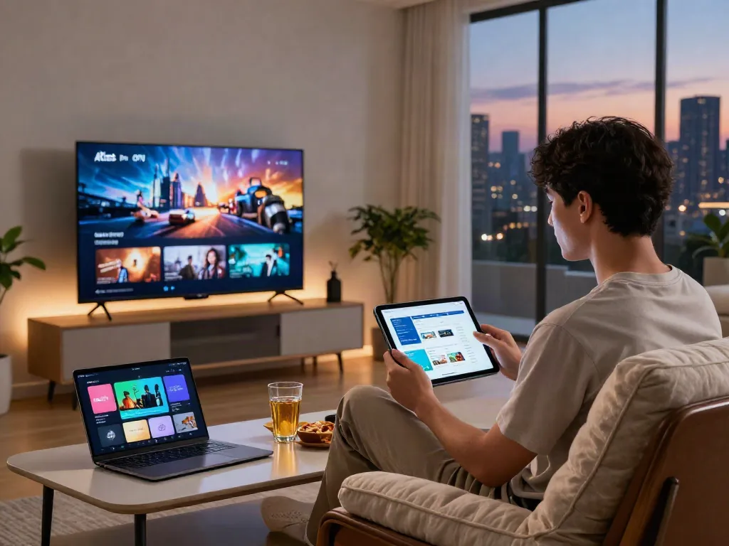Utilisateur naviguant sur l'application Atlas Pro ONTV dans un cadre moderne et confortable.